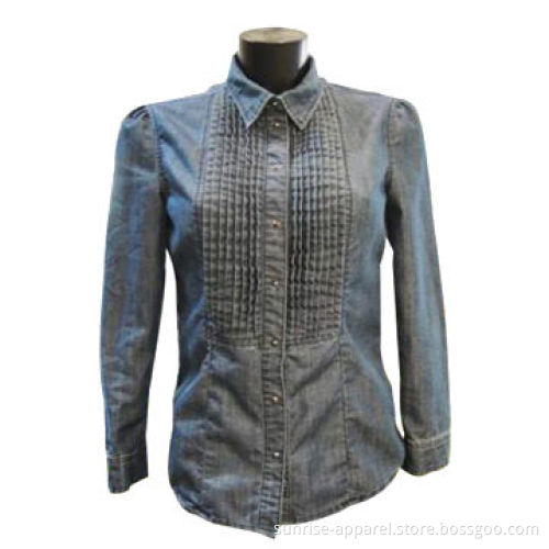 Ladies Denim Shirt with Gathers on Shoulder and Pleats at Front